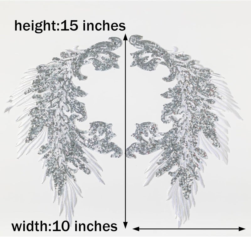 Silvora Pair Embroidery Phoenix Costume Sequin Appliques Patches, Peacock Feather Tail Applique Embellishments for Dance Dresses,Clothes,T-Shirt，Neckline Bodice Pants (Silver) - Image 3